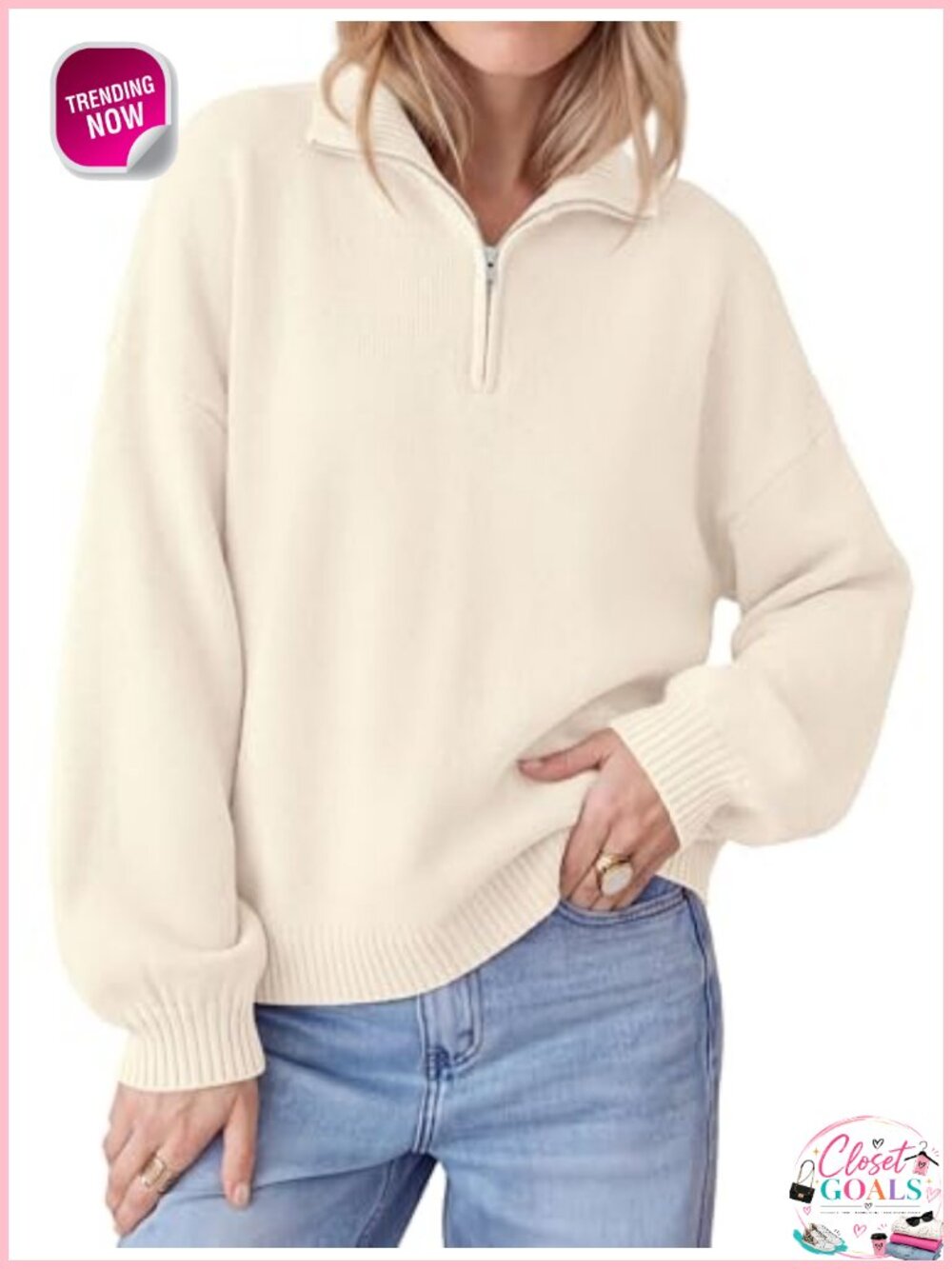 Oversized Quarter Zip Pullover Sweater Drop Shoulder Ribbed Trim
